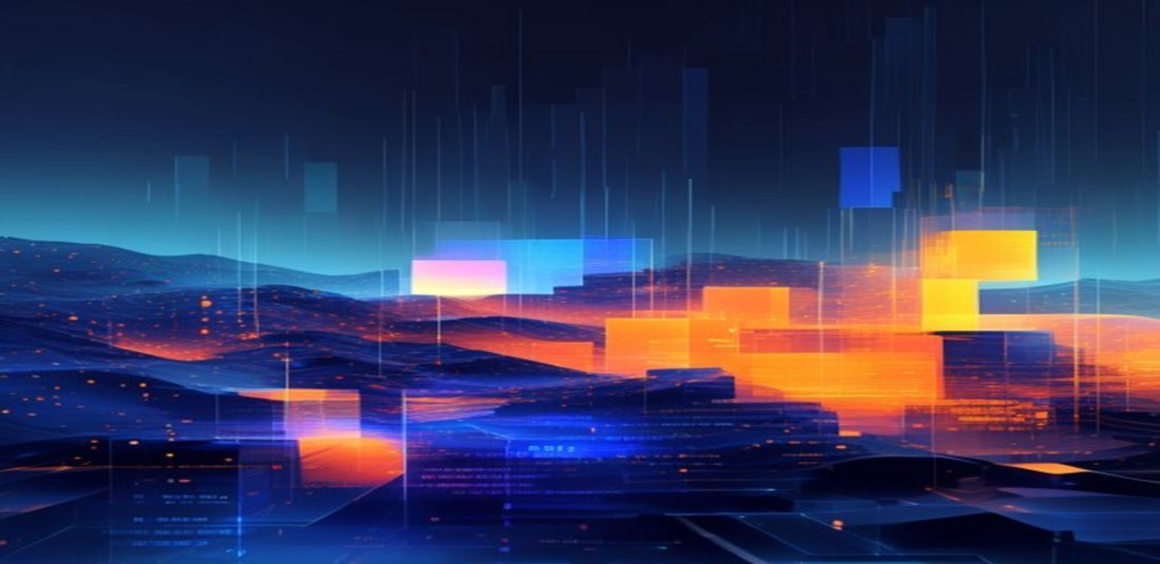 Abstract visualization of code blocks merging and accumulating