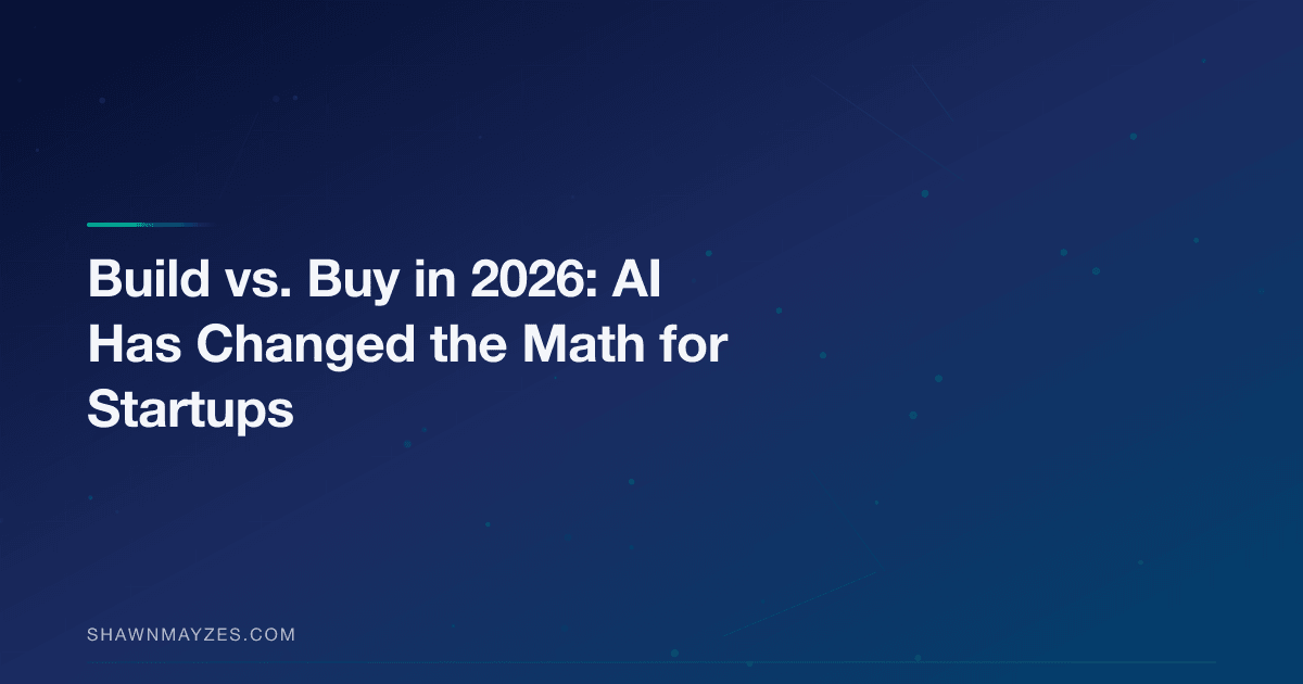 Startup founder weighing build vs buy decisions with AI tools on a whiteboard