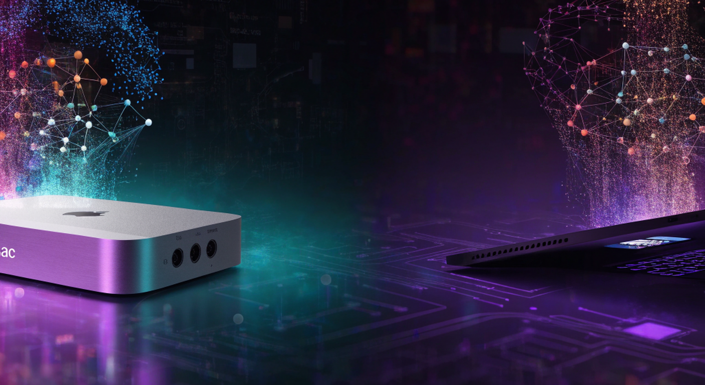 Split diagram of a Strix Halo mini PC and a Mac Studio M5 Max running Claude Code