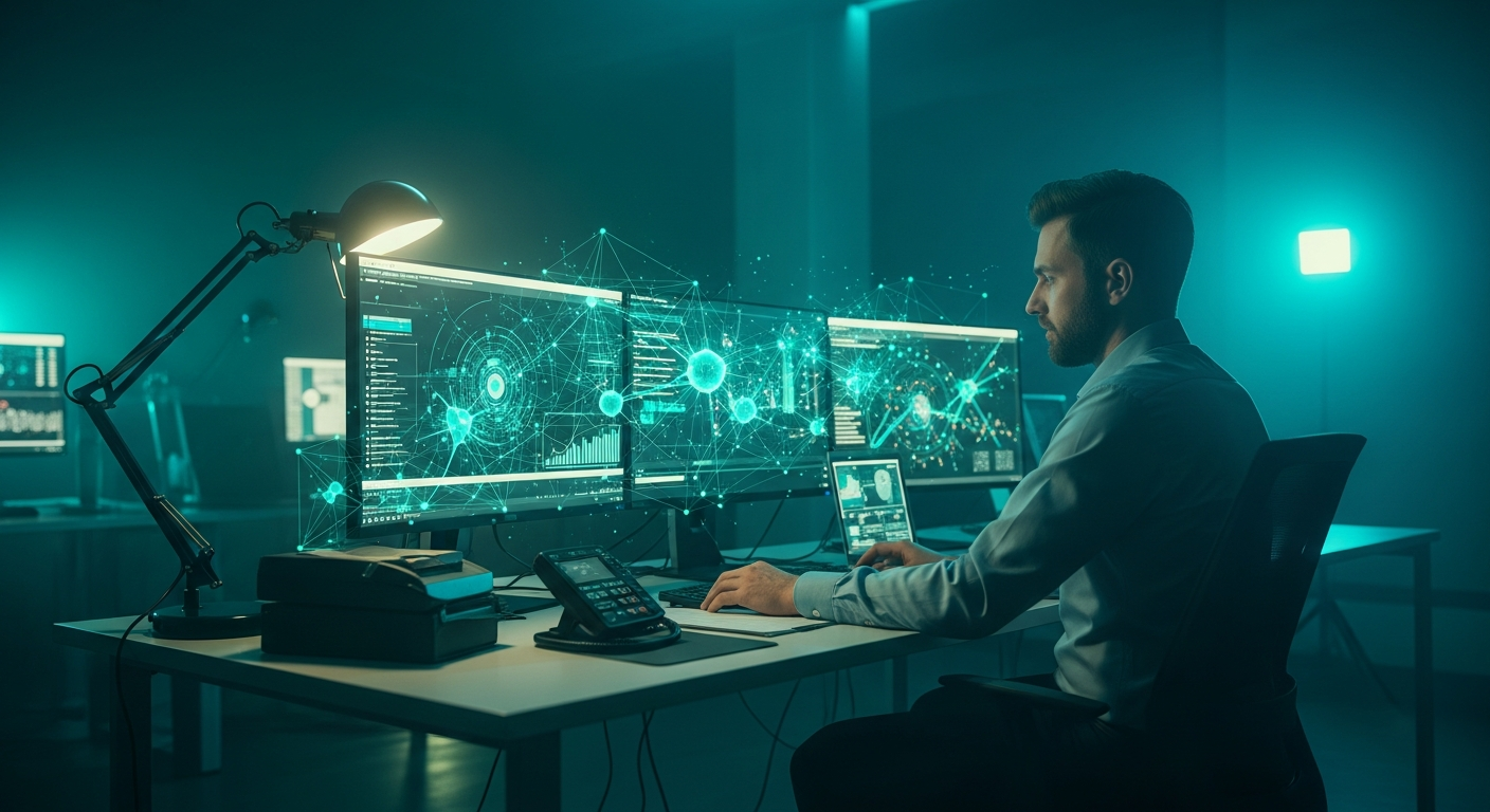A developer working on code with AI tools, showing the difference between advising and building