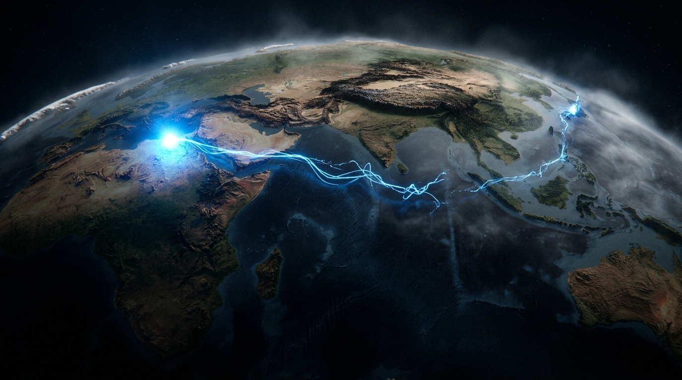 A world map with development team connections spanning different continents