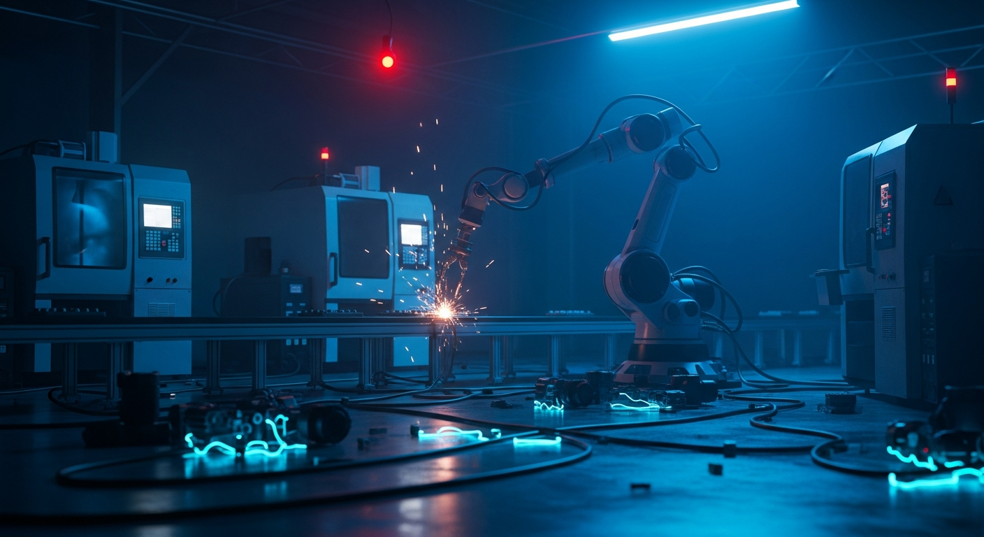 A robot frozen mid-task with critical error indicators, representing AI system reliability failures