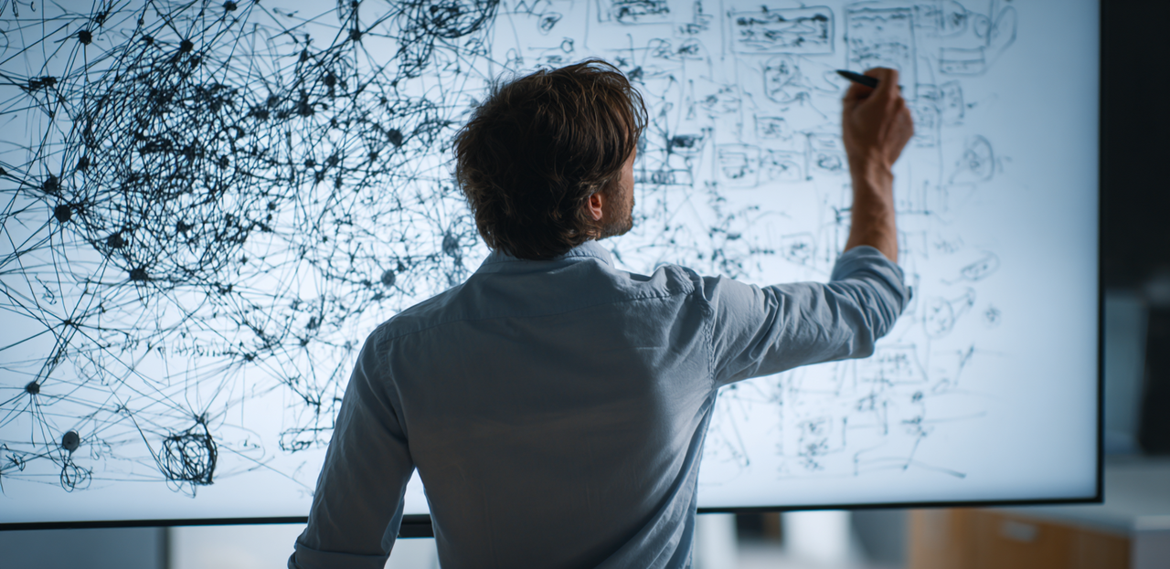 Founder staring at a tangled software architecture diagram on a whiteboard in a modern startup office.
