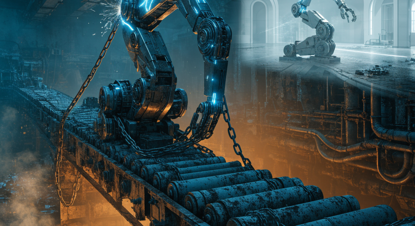 A founder staring at a failed AI agent implementation, surrounded by process bottlenecks and disconnected systems