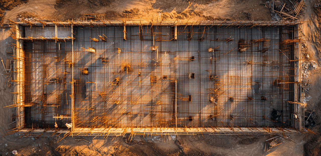 A solid concrete foundation being laid with modern construction tools, representing the importance of strong basics before adding advanced technology.